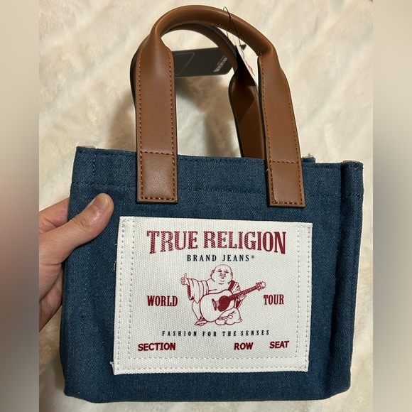 NWT True Religion Buddha Guitar Logo Denim Crossbody Mini Tote Dark Blue - Picture 6 of 14